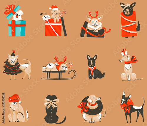 Hand drawn vector abstract fun stock flat Merry Christmas,and Happy New Year time cartoon festive seamless pattern with cute dog illustrations of Xmas retro gift boxes isolated on color background