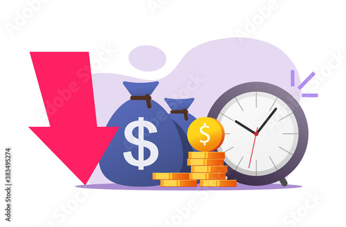 Inflation money time concept vector icon flat cartoon illustration, cash savings value crisis risk, long period term financial bad investment, loss income or profit revenue, economy recession