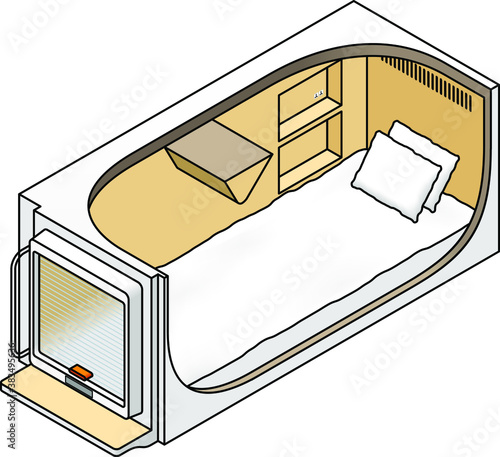A capsule hotel capsule, cut open to show the interior.