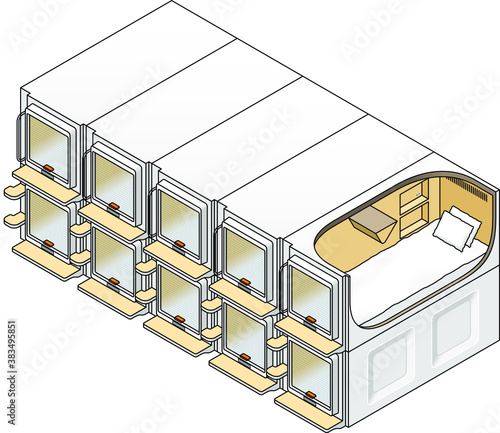 A stack of capsule hotel capsules. One is cut open to show the interior.