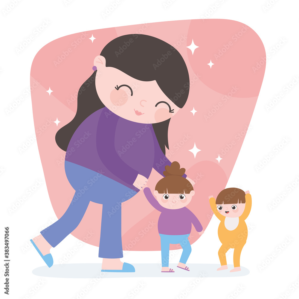 pregnancy and maternity, cute mother with her little daughter and son cartoon pregnancy and maternity, cute mother with her little daughter and son cartoon