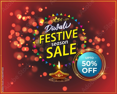 Diwali Festive Season Sale banner, 50% off,  on beautiful bokeh backgrund. Dipawali, Indian festival, diya lamp, oil lamp, colorful bokeh background, vector illustration offer banner, advertisement
