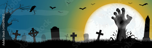 Halloween zombie hand in front of full moon