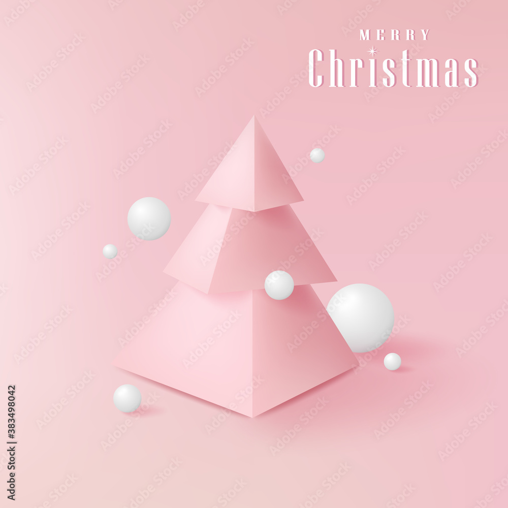 Merry Christmas greeting card with pink triangles and white balls 3D. Festive background with christmas tree made of triangles. Vector illustration. Holiday background realistic style. Xmas banner. Merry Christmas greeting card with pink triangles and white balls 3D. Festive background with christmas tree made of triangles. Vector illustration. Holiday background realistic style. Xmas banner.