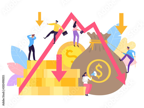 Business company diagram depression, vector illustration. Market businessman people at down graph, economy crash bankruptcy. Recession crisis concept, decline arrow and cartoon failure.