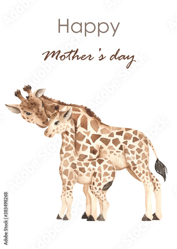Fototapeta Naklejka Na Ścianę i Meble -  Giraffes, mom and baby, illustration, safari watercolor mothers day card