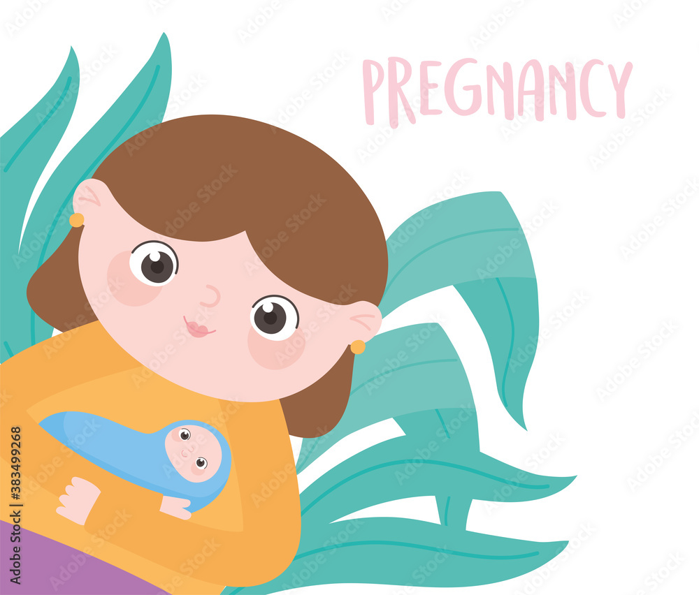 pregnancy and maternity, cute mother with her baby in hands cartoon pregnancy and maternity, cute mother with her baby in hands cartoon