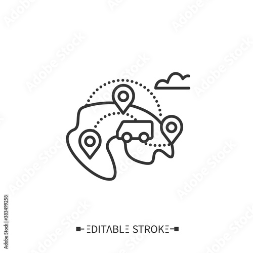 Domestic tourism line icon. Inside the country, travel. Local tourism. Staycation. Rural travelling. Tourism types concept. Isolated vector illustration. Editable stroke 