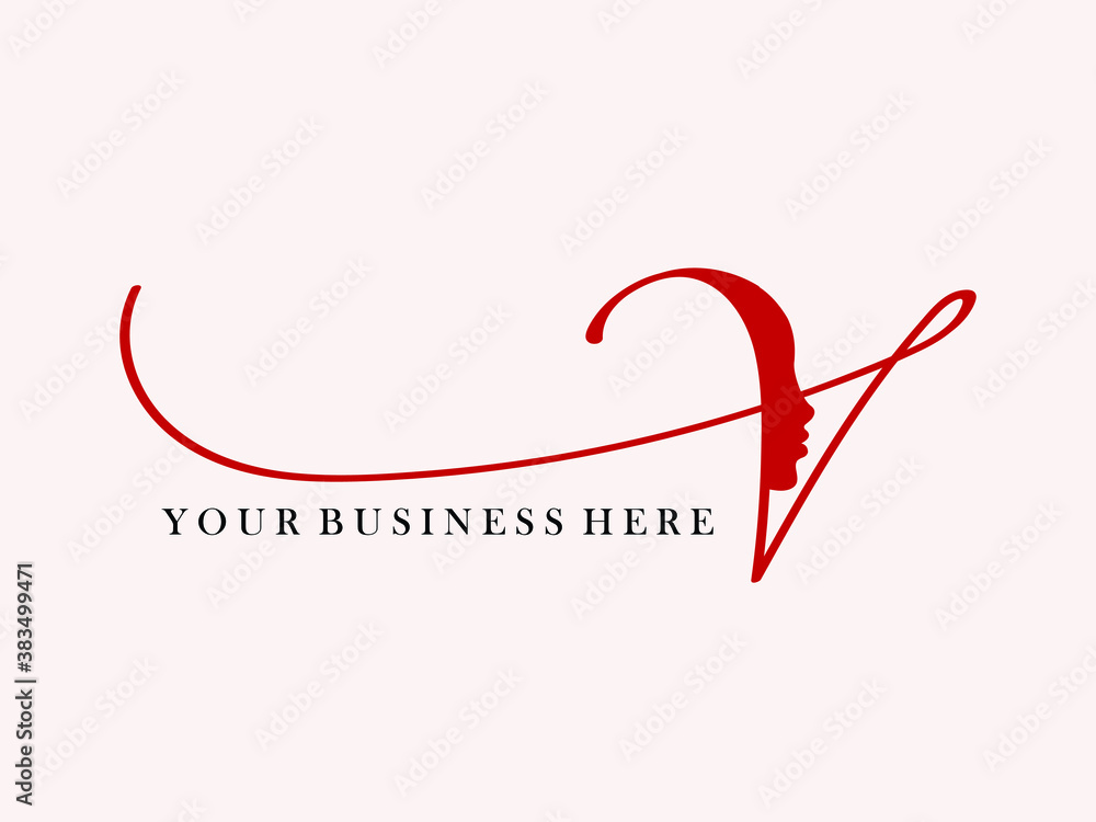 Letter V logo with beautiful woman portrait.Beauty studio, hair salon vector icon in red color isolated on light background.Calligraphic elegant shape.Luxury, feminine style silhouette. Letter V logo with beautiful woman portrait.Beauty studio, hair salon vector icon in red color isolated on light background.Calligraphic elegant shape.Luxury, feminine style silhouette.