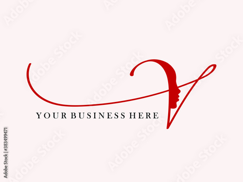 Letter V logo with beautiful woman portrait.Beauty studio, hair salon vector icon in red color isolated on light background.Calligraphic elegant shape.Luxury, feminine style silhouette.