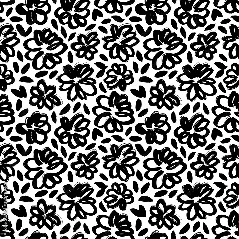 Brush black abstract leaves and flowers vector seamless pattern. Hand drawn black paint ink illustration with abstract floral motif. Outline daisy painting for your fabric, wrapping paper, wallpaper Brush black abstract leaves and flowers vector seamless pattern. Hand drawn black paint ink illustration with abstract floral motif. Outline daisy painting for your fabric, wrapping paper, wallpaper