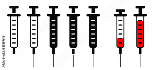 Empty injection needles, a medical syringe with needles. hypodermic needle or disposable syringe sign. Flat vector pictogram logo. Remdesivir, blood