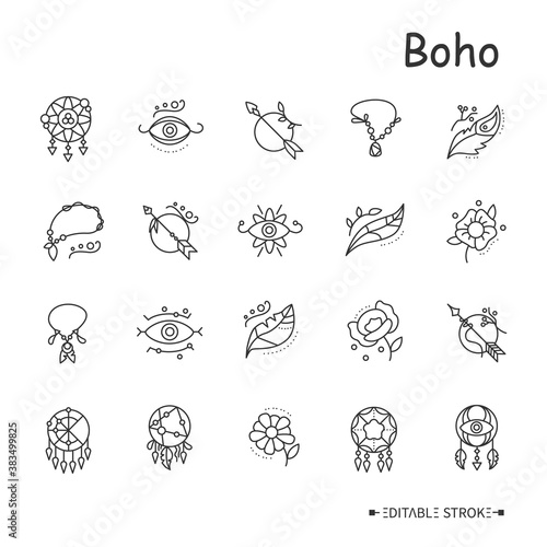 Boho elements line icons set. Protective tribal symbols. Indian magic, shamanism. Oriental, ethnic elements. Minimalistic henna tattoo sketches. Isolated vector illustrations. Editable stroke