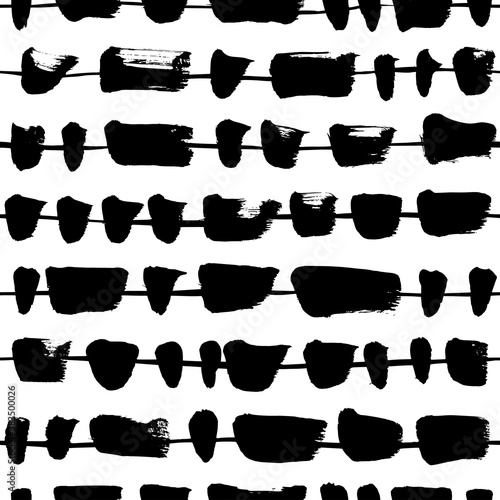 Horizontal lines with abstract splotch vector seamless pattern. Black and white simple dotted lines background. Stripes with blots in the form of a garland. Creative wallpaper, textile print design