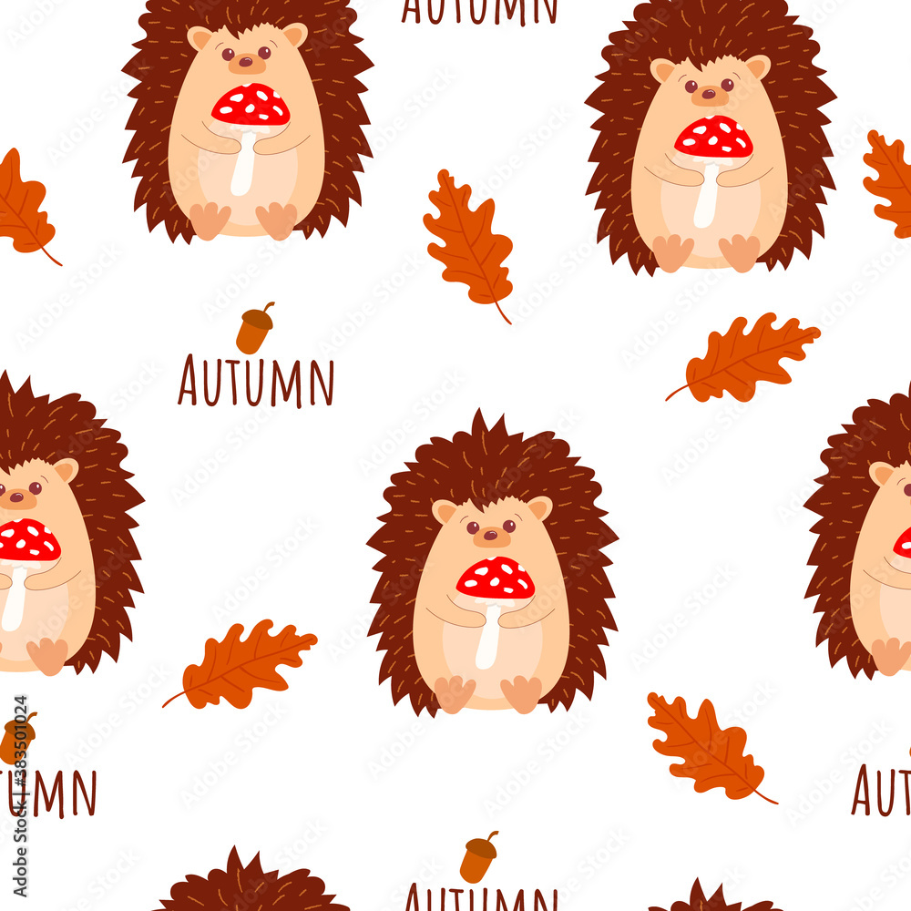 Fototapeta premium Seamless pattern with cute hedgehogs with mushrooms in his hands. With autumn sign amd oak autumn leaves. Cartoon style. Vector