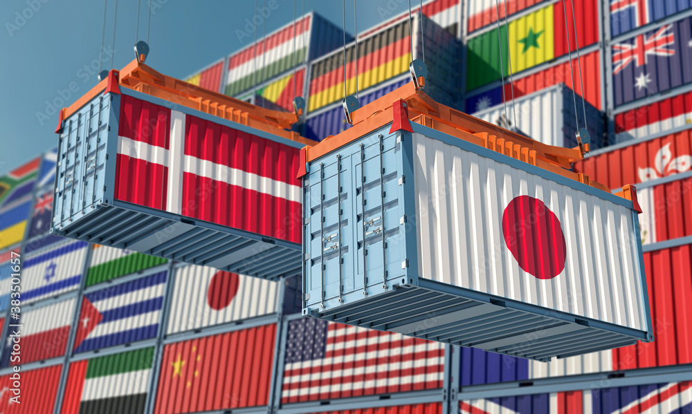 Freight containers with Japan and Denmark national flags. 3D Rendering