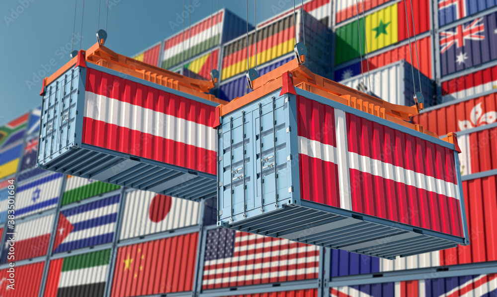 Freight containers with Austria and Denmark national flags. 3D Rendering