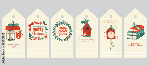 New Year and Christmas gift tags set. Christmas card set. christmas labels collection. Hand drawn illustrations of greeting cards with festive elements