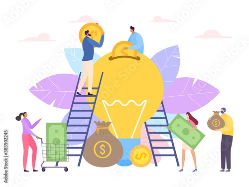 Money for idea, business bulb crowdfunding concept, vector illustration. People character finance funding and social donation. Large lamp crowd investment, flat startup project investor.