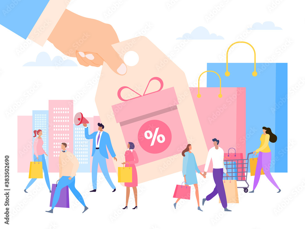 Business commerce discount for flat customer , vector illustration. Buy with special sale in shop, people character order in store. Advertising marketing gift for purchase, market retail offer. Business commerce discount for flat customer , vector illustration. Buy with special sale in shop, people character order in store. Advertising marketing gift for purchase, market retail offer.