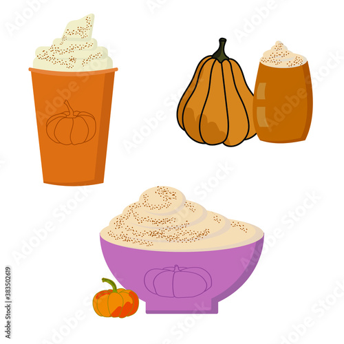 Pumpkin spice drinks set, seasonal trendy hot pumpkin latte in paper or glass and cup, vector illustration for design and creativity