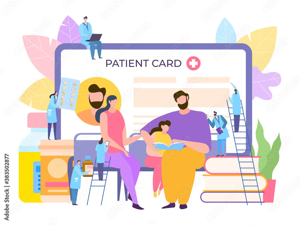 Health medical care concept, family doctor vector illustration. Patient card in medicine business service, flat hospital document. Man woman character clinic banner, medic contract form.