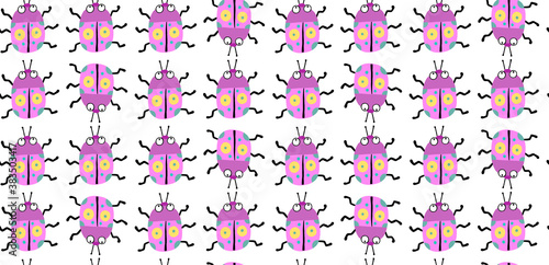 Seamless pattern with cute bug with funny surprised eyes. Vector illustration can be used for fabric, wrapping, wallpapers, web page backgrounds, textile.