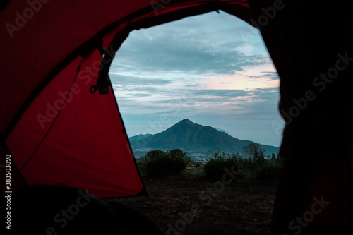 See Mount Andong in the morning from inside the tent