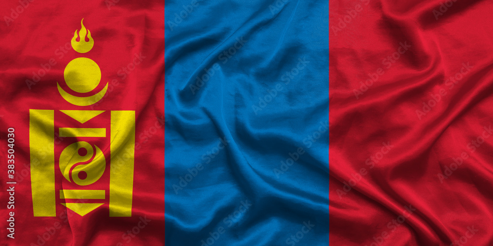 Mongolian national flag background with fabric texture. Flag of Mongolia waving in the wind. Natural proportions. 3D illustration.
