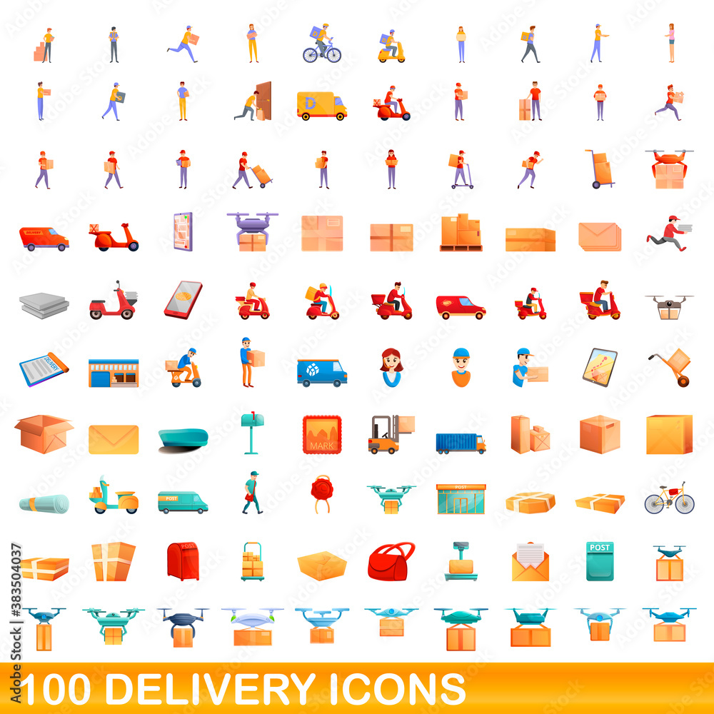 Fototapeta premium 100 delivery icons set. Cartoon illustration of 100 delivery icons vector set isolated on white background