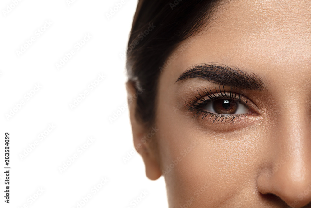 Close-up shoot of beautiful female eyes and cheeks isolated on white studio background. Beauty, fashion, skincare, cosmetics, ad concept. Copyspace. Well-kept skin and natural fresh look. Healthy Close-up shoot of beautiful female eyes and cheeks isolated on white studio background. Beauty, fashion, skincare, cosmetics, ad concept. Copyspace. Well-kept skin and natural fresh look. Healthy