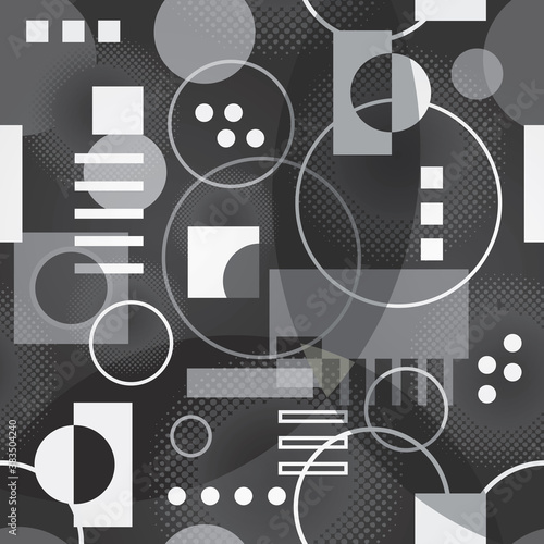 Motif Rétro / Fond avec Cercles et Carrés / Noir et Blanc