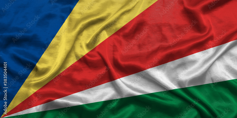 Fototapeta premium Seychelles national flag background with fabric texture. Flag of Seychelles waving in the wind. 3D illustration