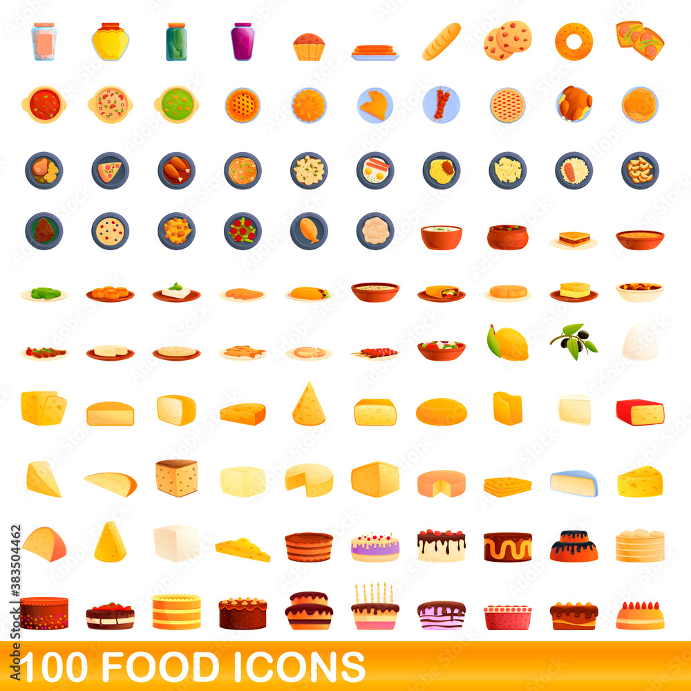 100 food icons set. Cartoon illustration of 100 food icons vector set isolated on white background 100 food icons set. Cartoon illustration of 100 food icons vector set isolated on white background