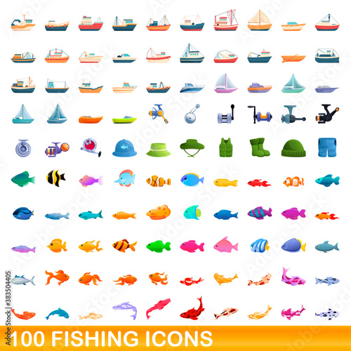 100 fishing icons set. Cartoon illustration of 100 fishing icons vector set isolated on white background