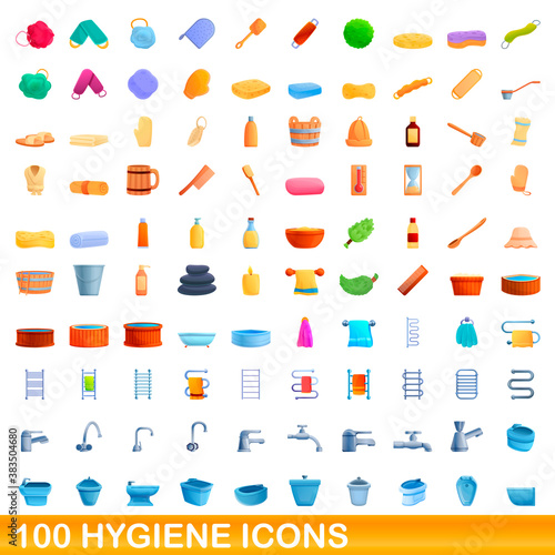 100 hygiene icons set. Cartoon illustration of 100 hygiene icons vector set isolated on white background