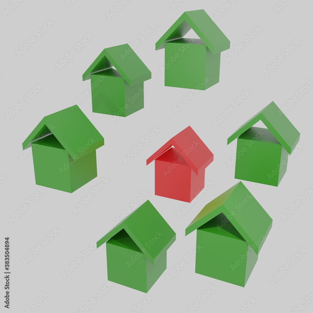Pattern of small green and red houses. Mortgage problem concept. Interest rate. Residential building. Renting flat. Housing development. Sale and rental of economy class apartments. 3D Rendering Pattern of small green and red houses. Mortgage problem concept. Interest rate. Residential building. Renting flat. Housing development. Sale and rental of economy class apartments. 3D Rendering