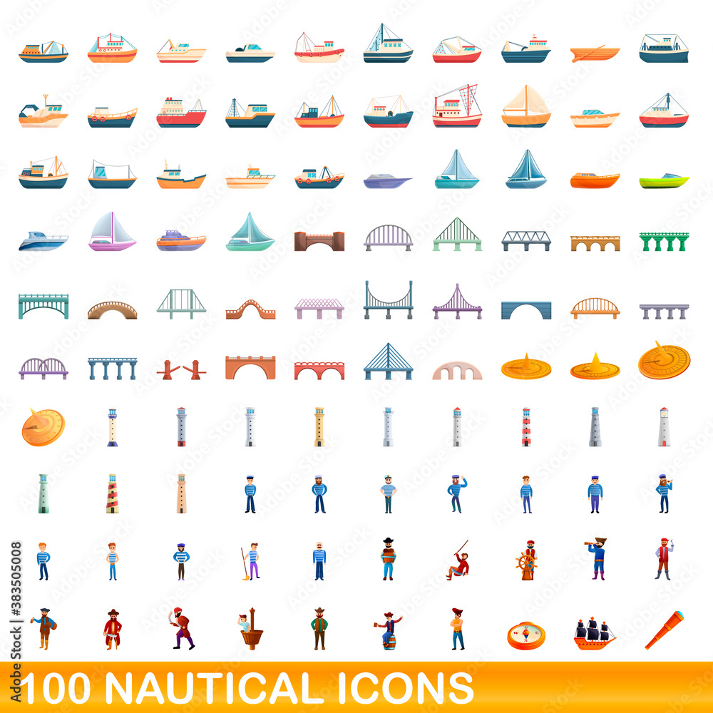100 nautical icons set. Cartoon illustration of 100 nautical icons vector set isolated on white background