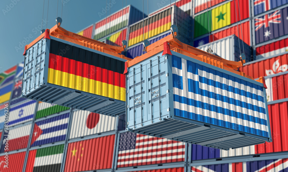 Freight containers with Greece and German national flags. 3D Rendering