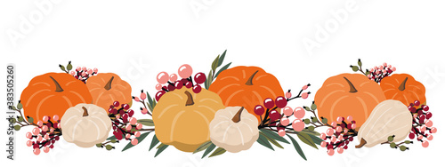 Pumpkin long border vector clipart for the fall banner decoration or cards. Big and small traditional autumn harvest vegetables with foliage and red berries. 