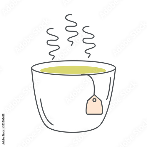tea, teacup with teabag hot beverage antioxidant line and fill