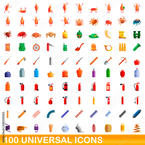 100 universal icons set. Cartoon illustration of 100 universal icons vector set isolated on white background