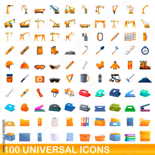 100 universal icons set. Cartoon illustration of 100 universal icons vector set isolated on white background