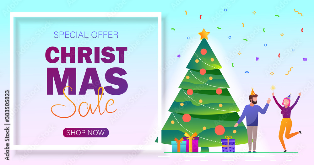 Christmas sale background. Merry Christmas sale card with people