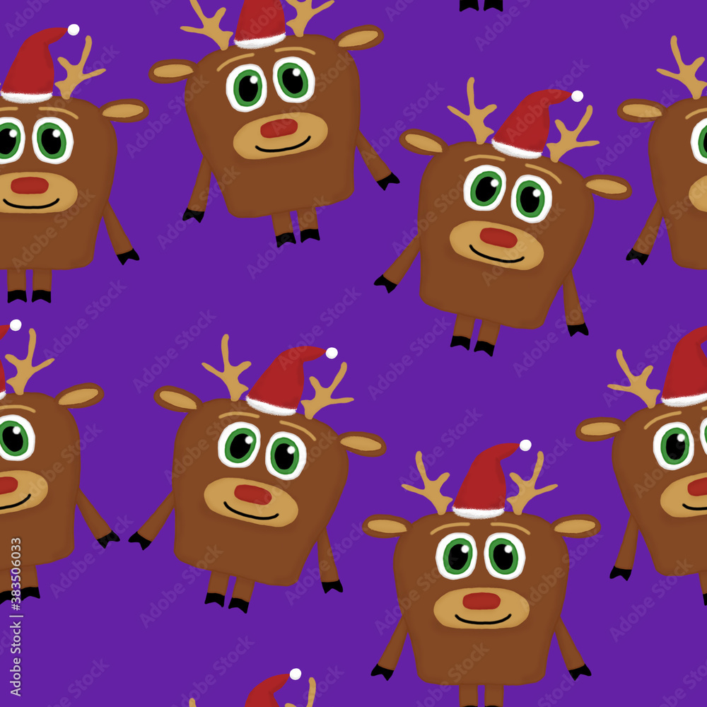 New Year seamless pattern with deer with Santa hat on a purple background