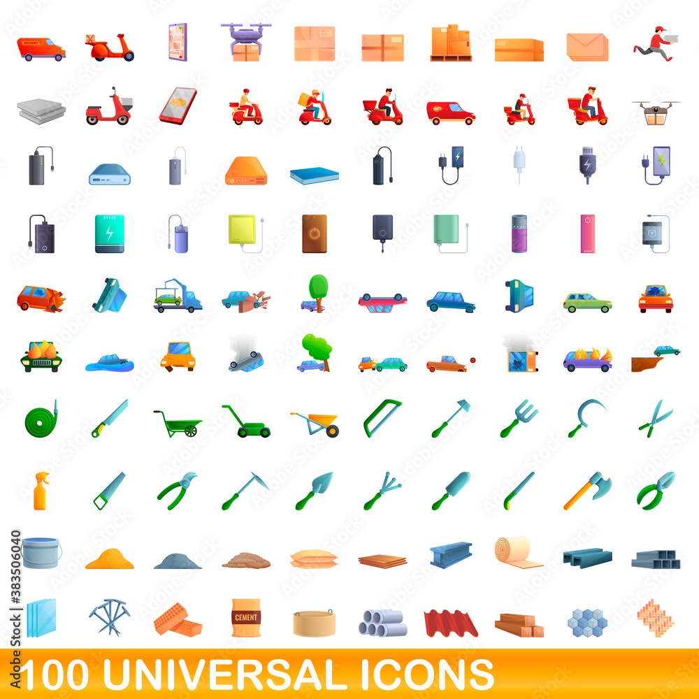 Fototapeta premium 100 universal icons set. Cartoon illustration of 100 universal icons vector set isolated on white background