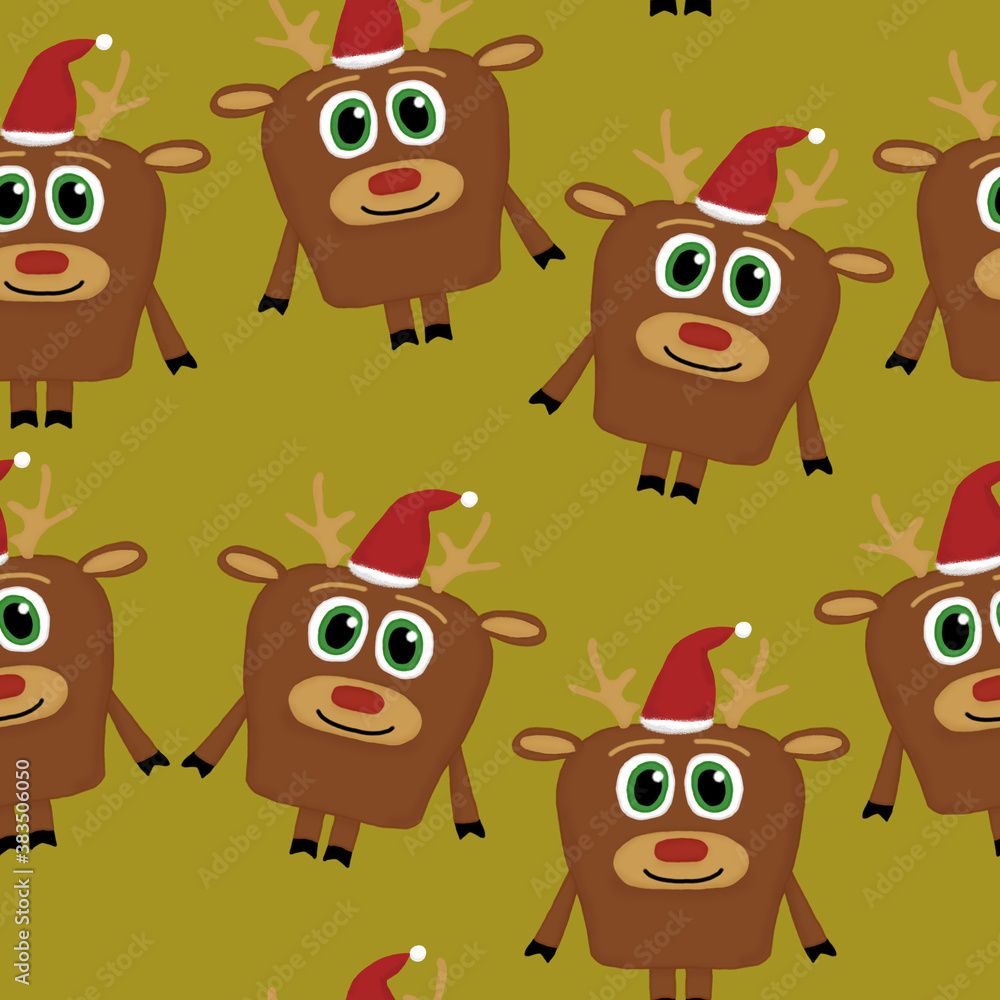 Fototapeta premium New Year seamless pattern with deer with Santa hat on an yellow background