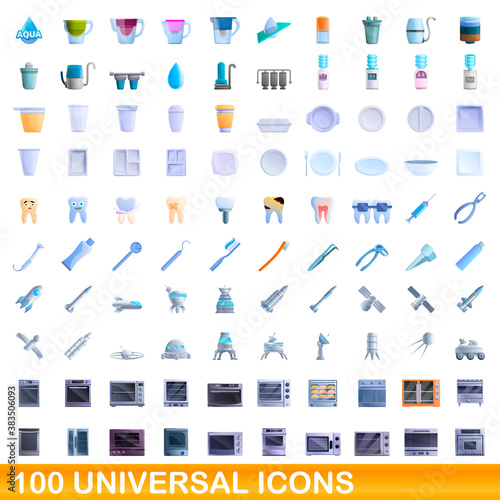 100 universal icons set. Cartoon illustration of 100 universal icons vector set isolated on white background
