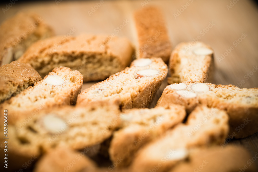 Top view of tasty Italian cantuccini on wooden table. Selective Focus. Top view of tasty Italian cantuccini on wooden table. Selective Focus.