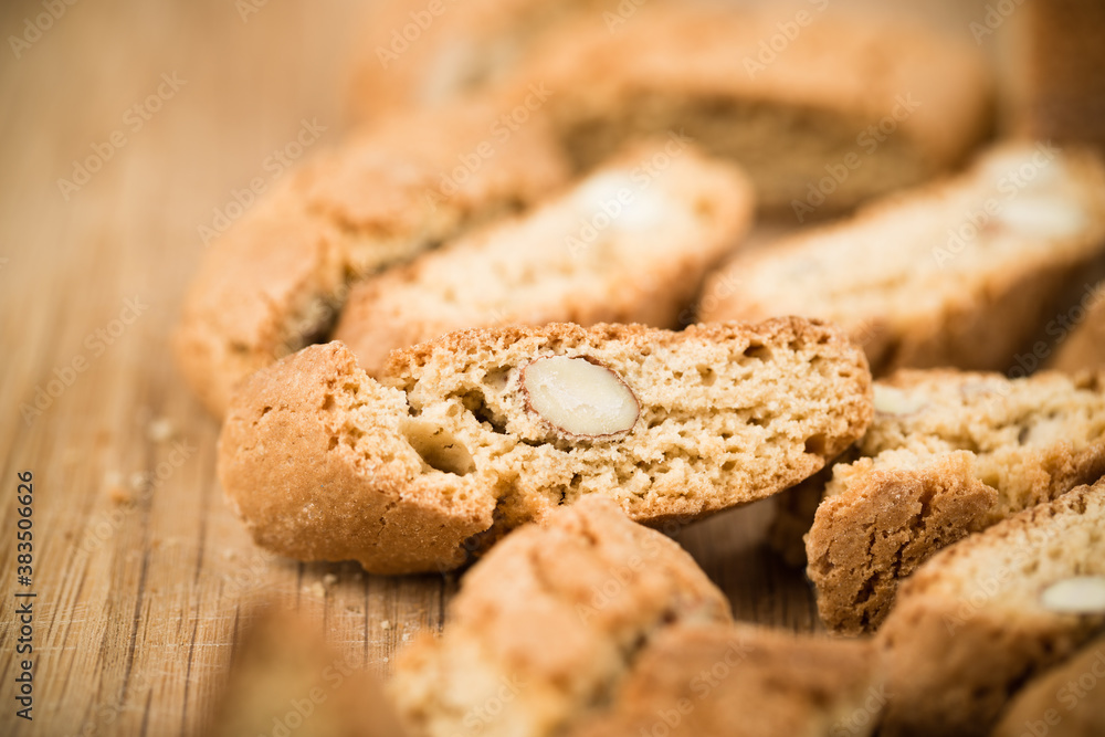 Top view of tasty Italian cantuccini on wooden table. Selective Focus. Top view of tasty Italian cantuccini on wooden table. Selective Focus.